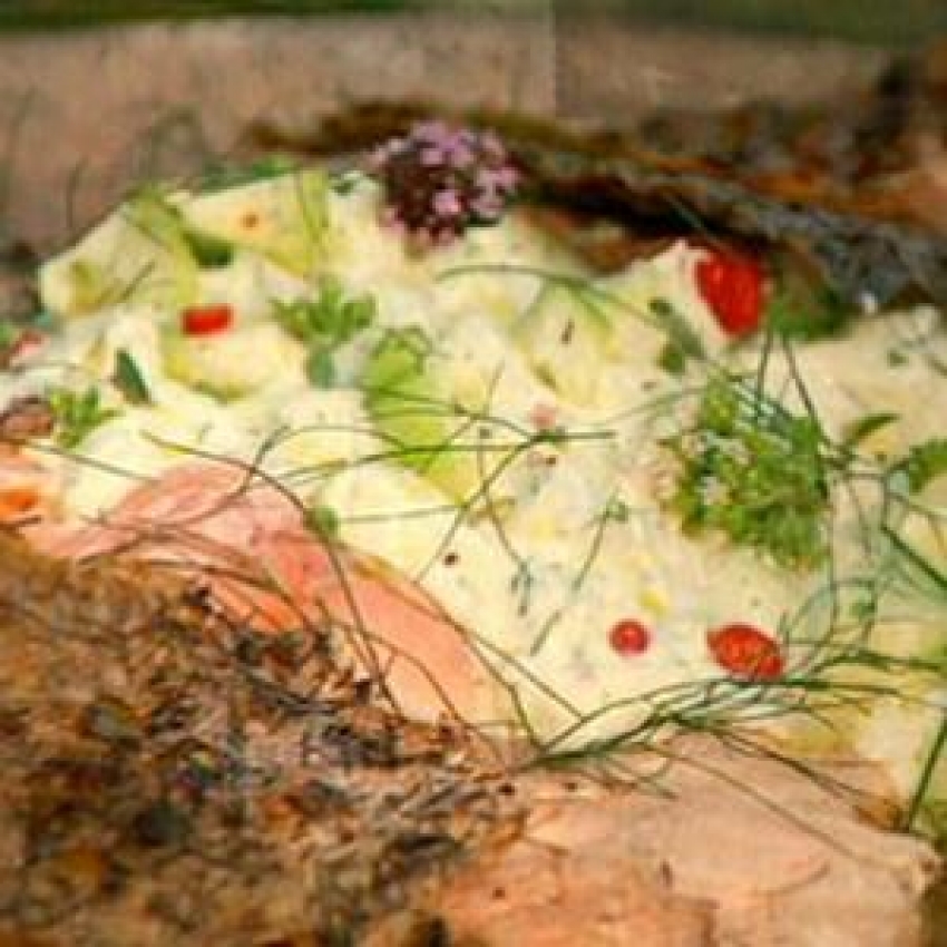 Crispy Barbecued Side of Salmon Barbeque with Cucumber Yogurt