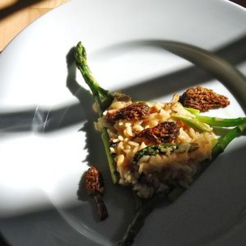 Baked Risotto with Morels and Asparagus