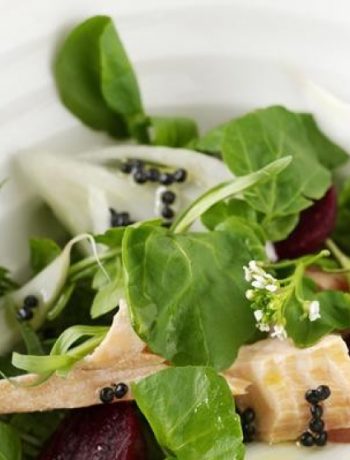 Salmon, Watercress, Fennel and Baby Beetroot Salad With Lemony “Caviar” Dressing