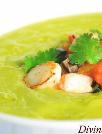 Chilled Avocado and Cucumber Soup With Prawn and Scallop Salsa