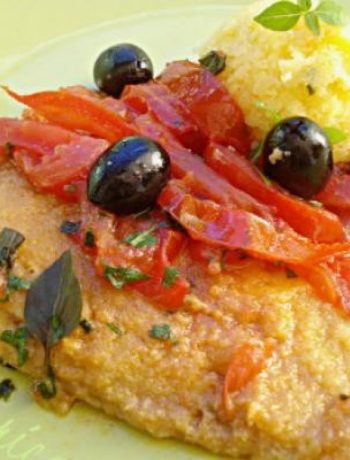 Cod with tomatoes, olives and polenta