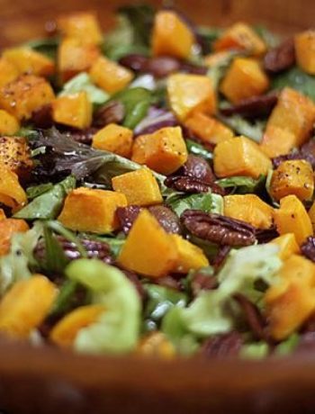 Roasted Butternut Squash, Pecan, Bacon, Mix Green & Baby Spinach Salad With Maple Syrup Vinaigrette