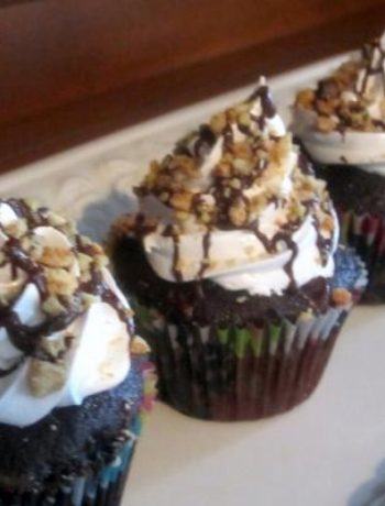 DAIRY-FREE COCOA CUPCAKES WITH PEANUT BUTTER FILLING, MARSHMALLOW FROSTING
