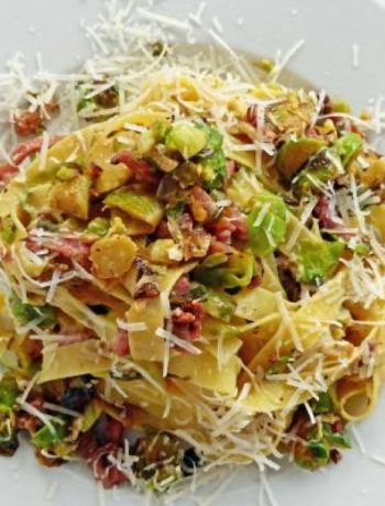 Brussels Sprout Carbonara with Fettuccini