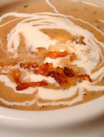 Golden Cream Of Mushroom Soup With Crispy Shallots & Creme Fraiche