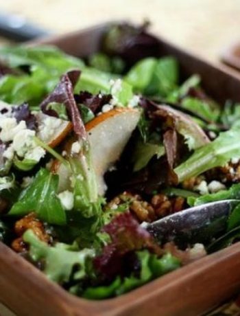 Spring Greens With Pears, Sugared Walnuts & Gorgonzola