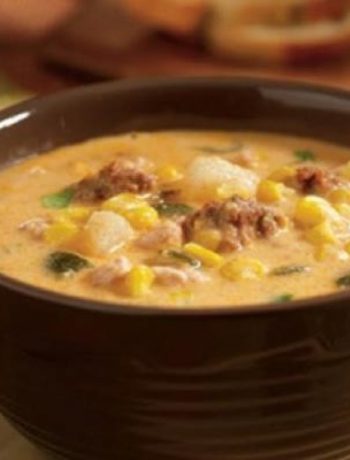 Slow Cooker Poblano Corn Chowder with Chicken and Chorizo