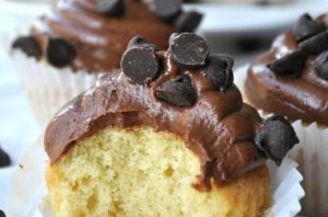 Vanilla Cupcakes + Sour Cream Chocolate Ganache Frosting