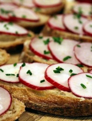 Sliced Baguette with Anchovy Chive Butter and Radishes